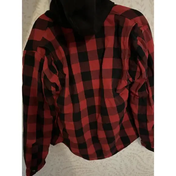 Road Armor by Skull Riderz Red Checkered Flannel Hoodie Shirt - Picture 6 of 8